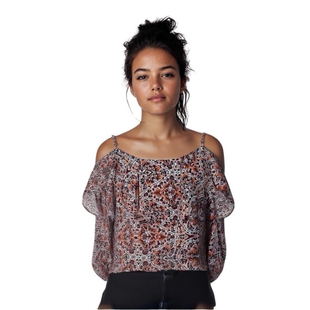 MISA Ruffled Floral Off Shoulder Cropped Top Sz S
